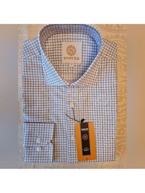 Men’s Cotton Light Blue Check Grid Shirt, Snover, 40, 15.5", Medium, NWT